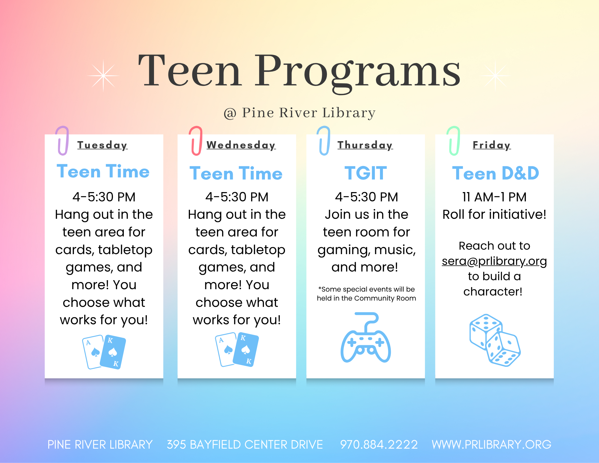 Teen programs at Pine River Library: cards & games on Tue/Wed, gaming on Thu, and D&D on Fri. Join in!