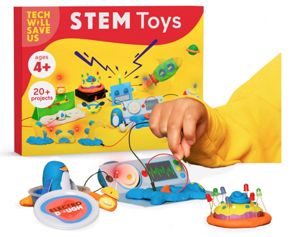 STEM toy kit for kids with electronic modules and playdough, indicating creative and educational play.