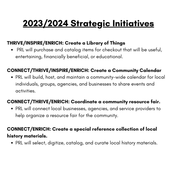 A document outlining strategic initiatives including creating a library of things, community calendar, resource fair, and local history collection.