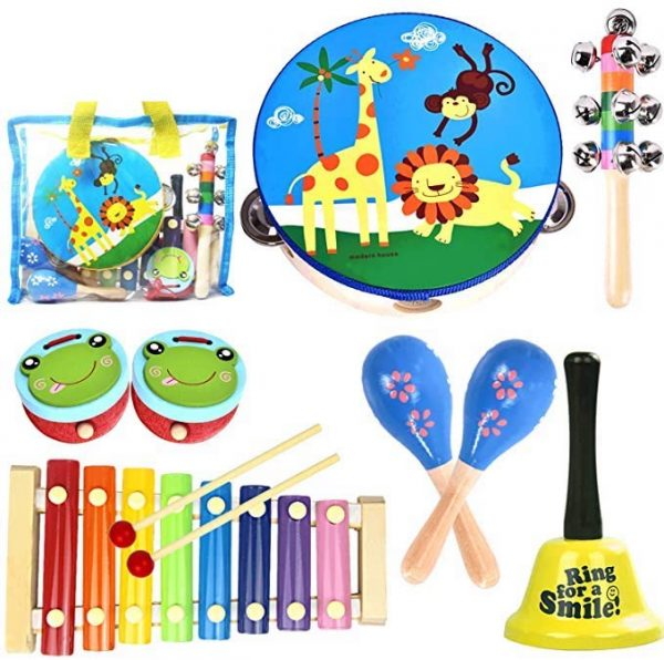 Assorted colorful children's musical instruments, including a xylophone, tambourine, maracas, and bells.