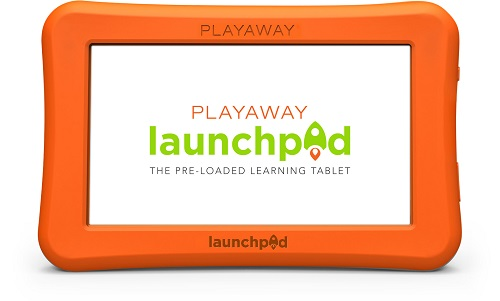 An orange tablet for children called "Playaway Launchpad," marketed as a pre-loaded learning device.