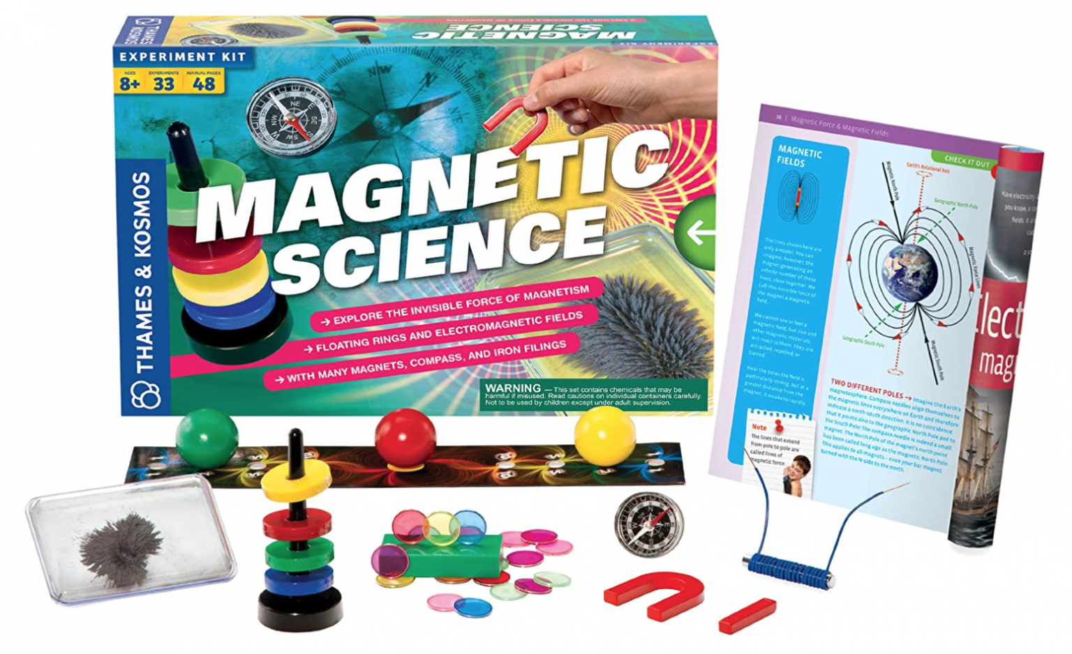 A magnetic science experiment kit with various components like magnets, iron filings, and a manual.