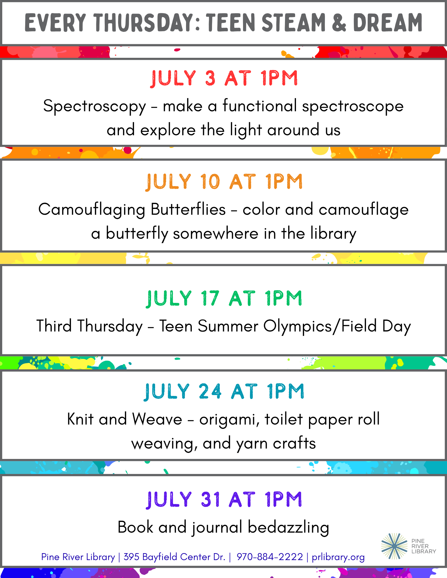 Teen STEAM & Dream events every Thursday in July at Pine River Library, including crafts, science, and field day activities at 1 PM.
