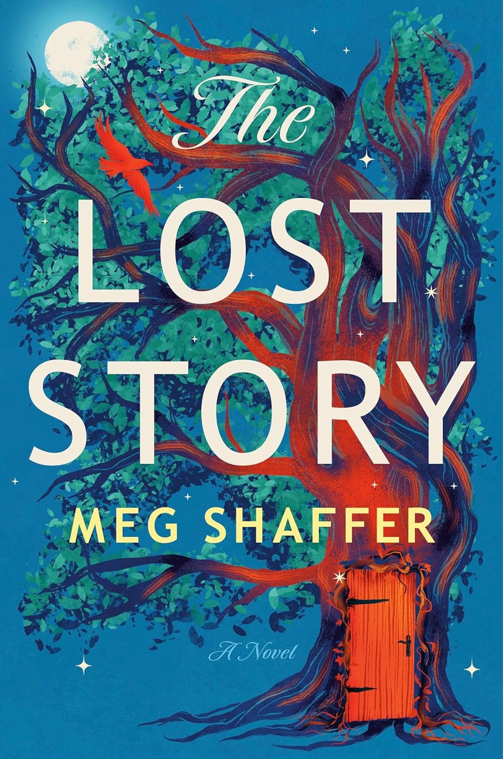 The image features a book cover titled "The Lost Story" by Meg Shaffer, showcasing a colorful, stylized tree with a door.