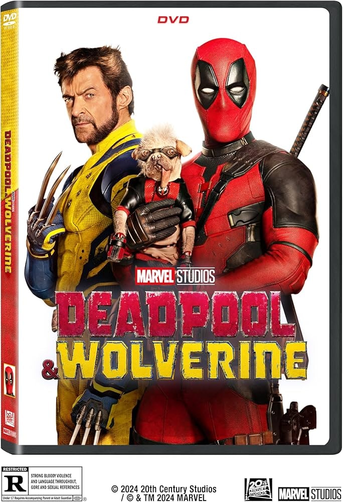DVD cover featuring Deadpool and Wolverine with a dog, labeled "DEADPOOL & WOLVERINE," by Marvel Studios.