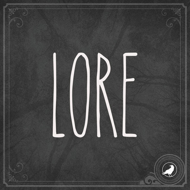 The word "LORE" in white text on a dark background with decorative corners and a bird emblem.