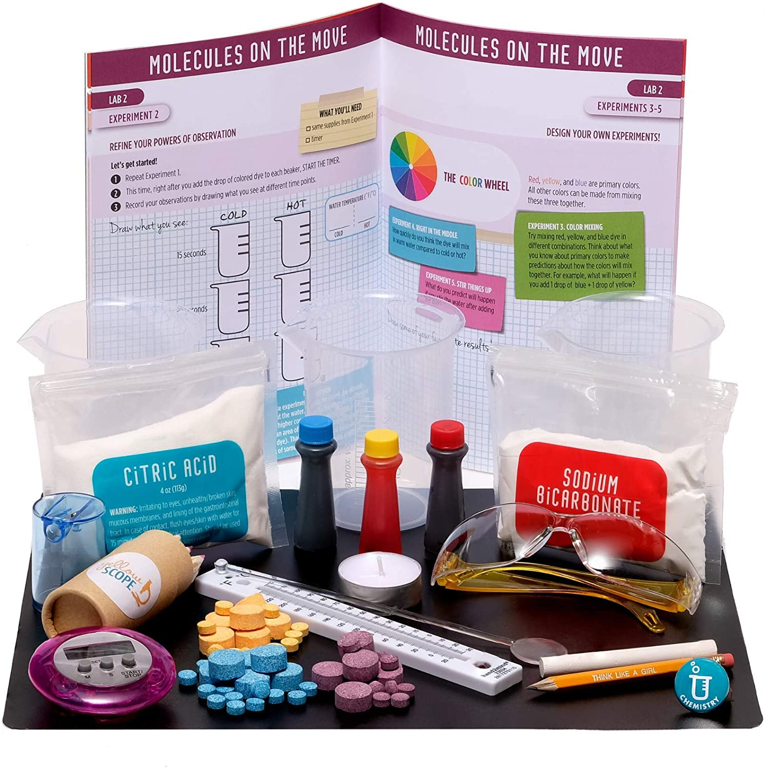 Kids' science experiment kit with lab equipment, citric acid, sodium bicarbonate, safety goggles, and instructions.
