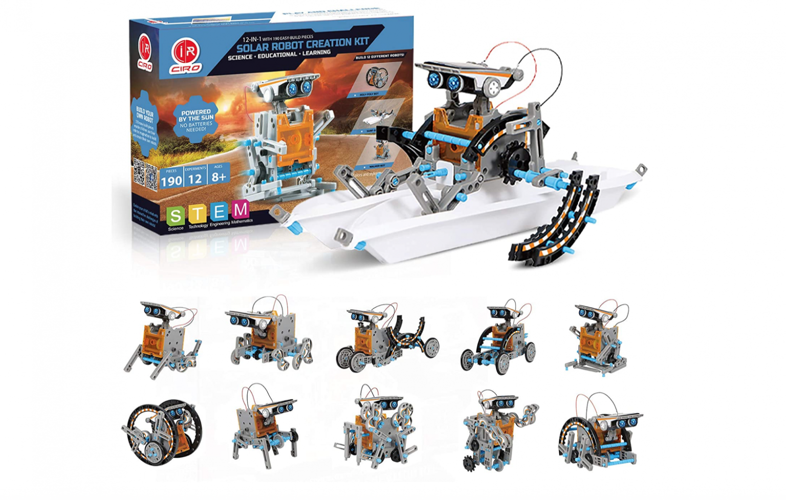 A 12-in-1 solar robot creation kit with various buildable robot models displayed alongside the packaging.