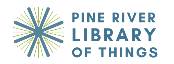 Logo of "Pine River Library of Things" with a stylized starburst design.
