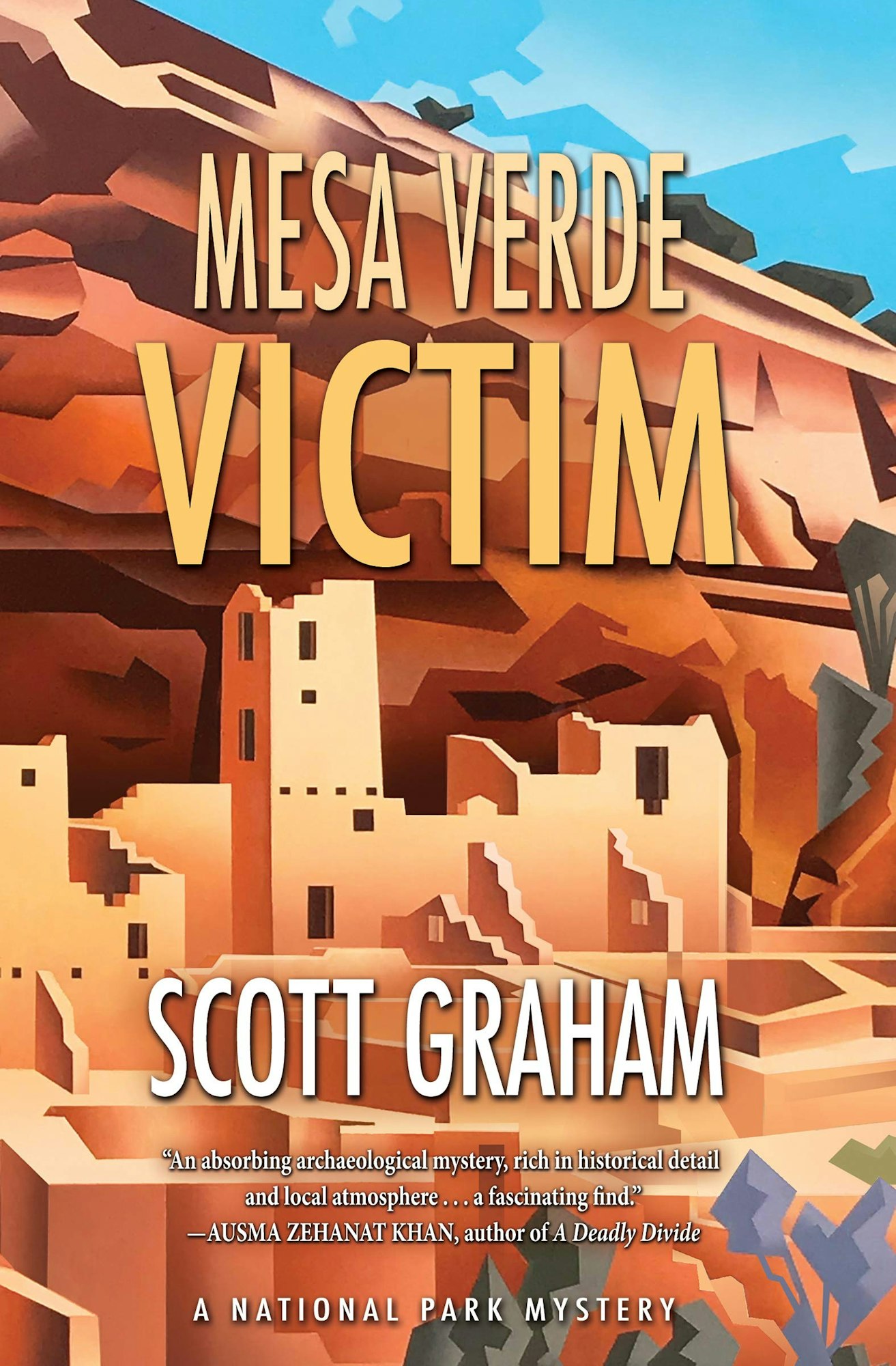Book cover: "Mesa Verde Victim" by Scott Graham, featuring a stylized desert landscape and ancient structures. Part of a National Park Mystery series.