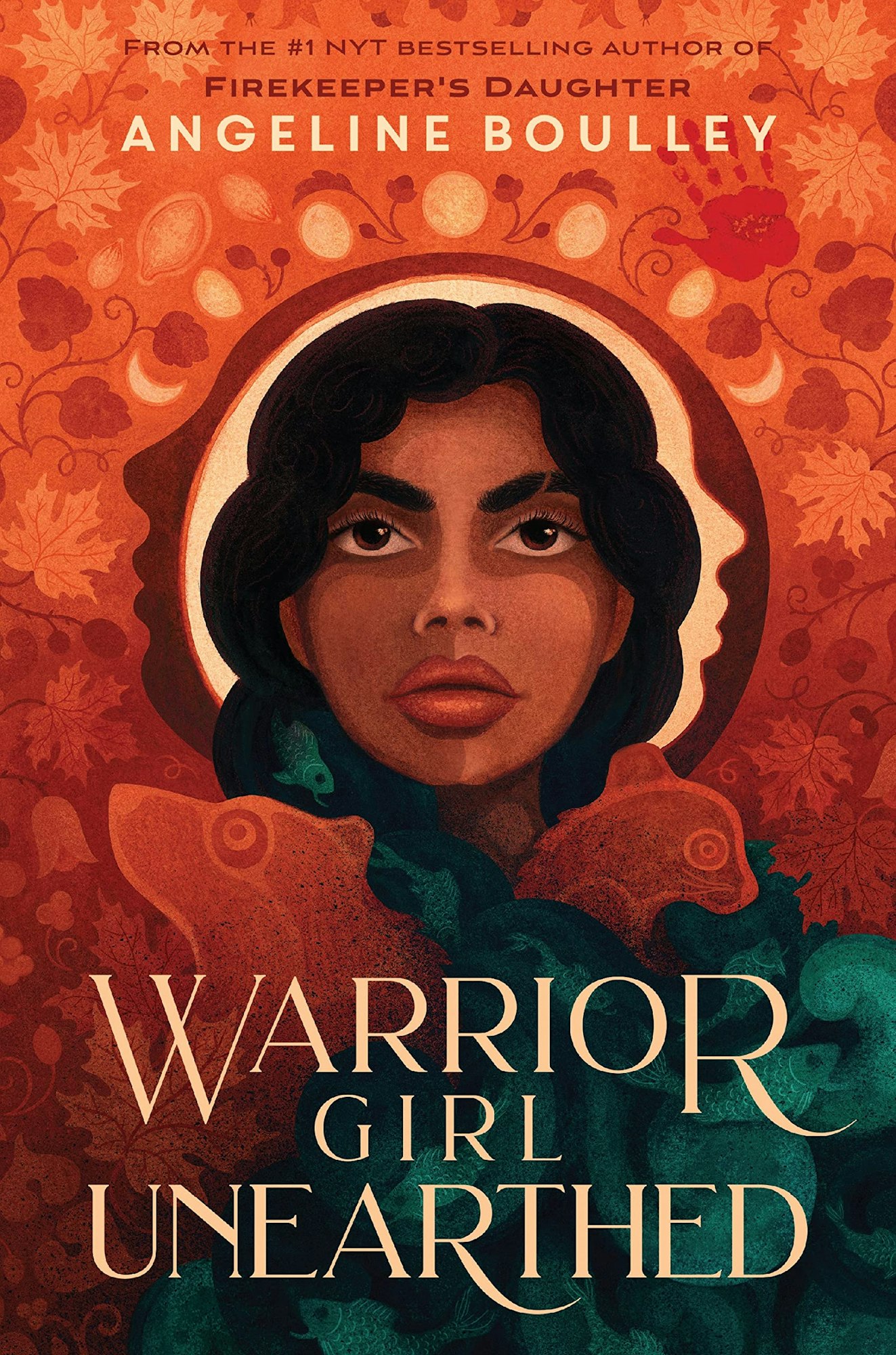 Book cover: "Warrior Girl Unearthed" by Angeline Boulley, featuring a woman's face with a decorative background of leaves and animal motifs.