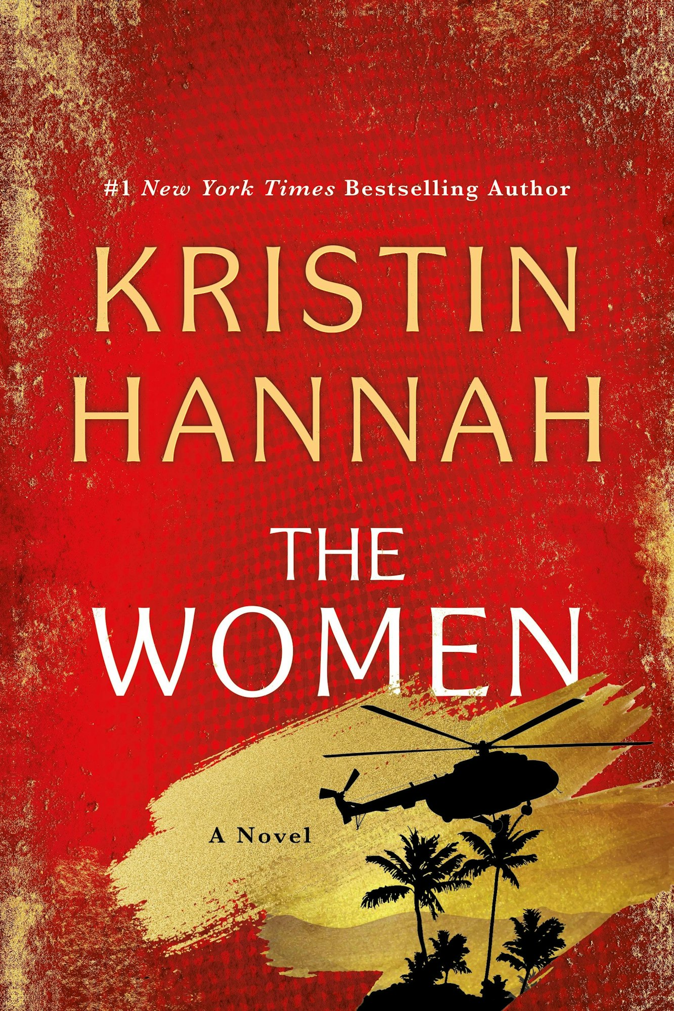 Book cover: "The Women" by Kristin Hannah. Red background, helicopter silhouette, and palm trees.