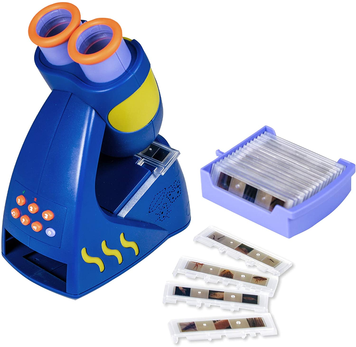 A child's blue microscope with slides.