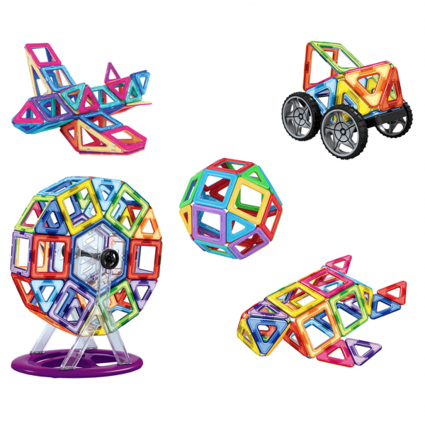 Colorful magnetic building blocks shaped into a plane, car, Ferris wheel, and more.