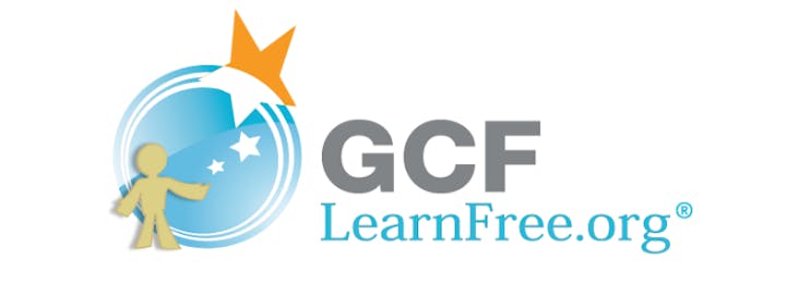 Logo with stylized figure, "GCF LearnFree.org" text, circular emblem with star and swoosh, and an orange crown-like accent.