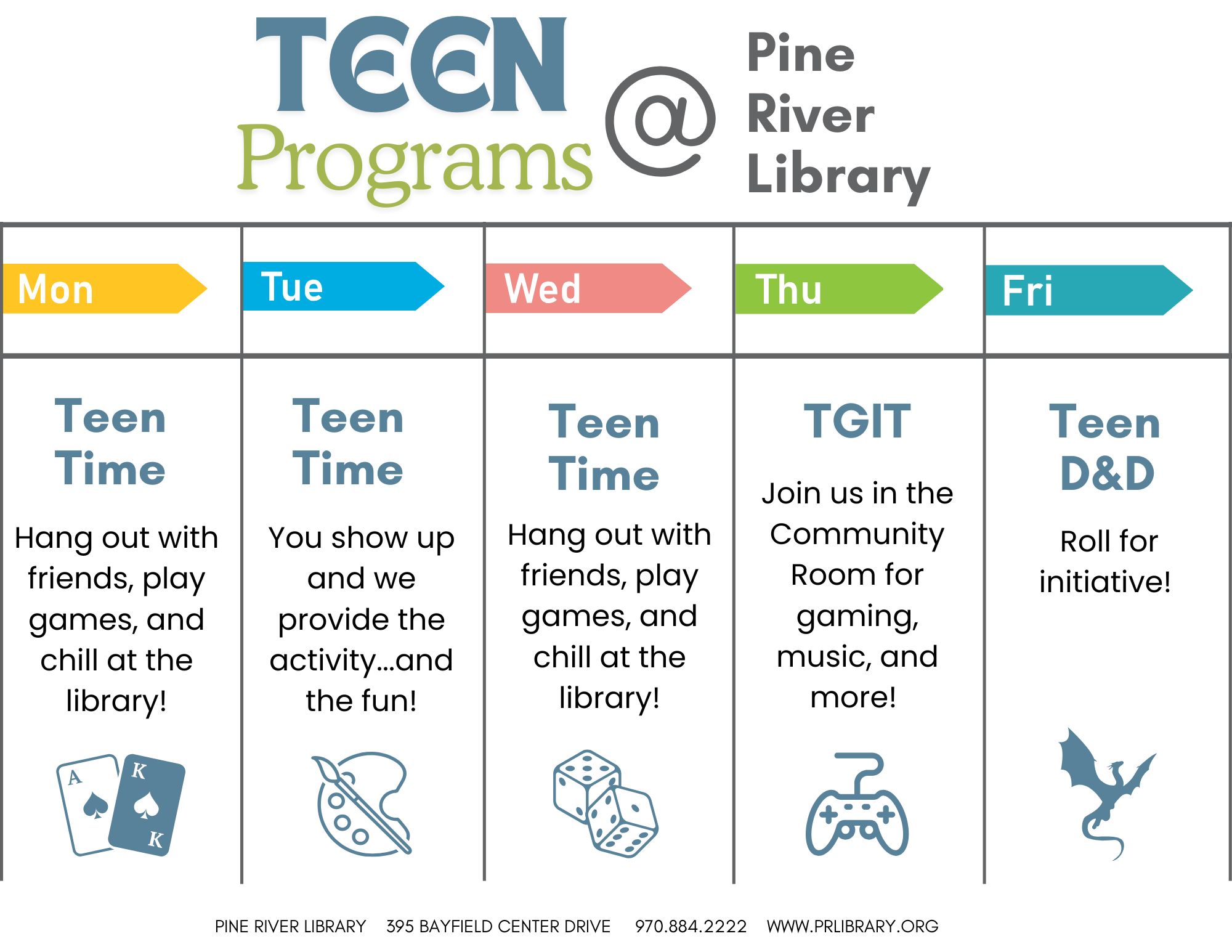 Weekly teen programs at Pine River Library: Teen Time (Mon-Wed), TGIT (Thu), Teen D&D (Fri). Activities include gaming, music, and more.