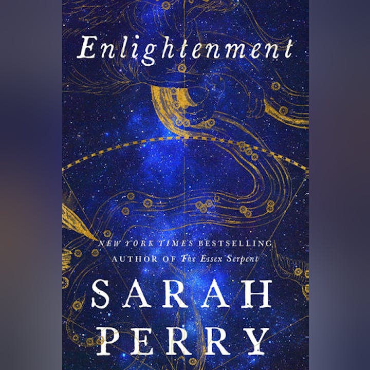 Book cover titled "Enlightenment" by Sarah Perry, featuring a starry blue background with golden celestial designs.