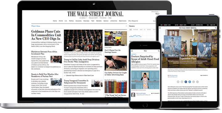 Multiple devices displaying The Wall Street Journal website with articles and headlines.