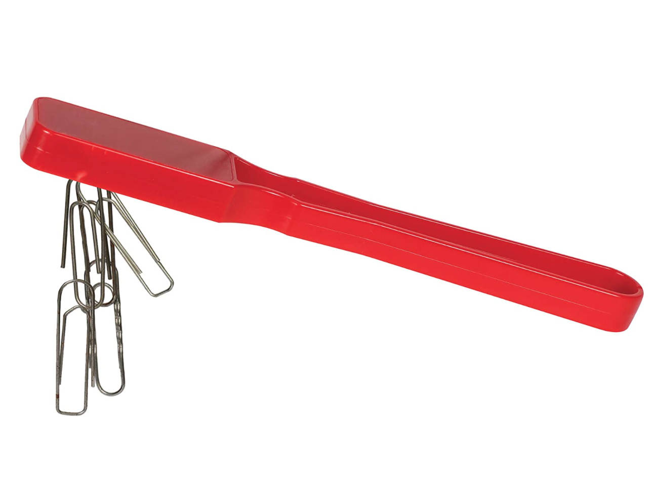 A red magnetic paperclip holder with paperclips attached.