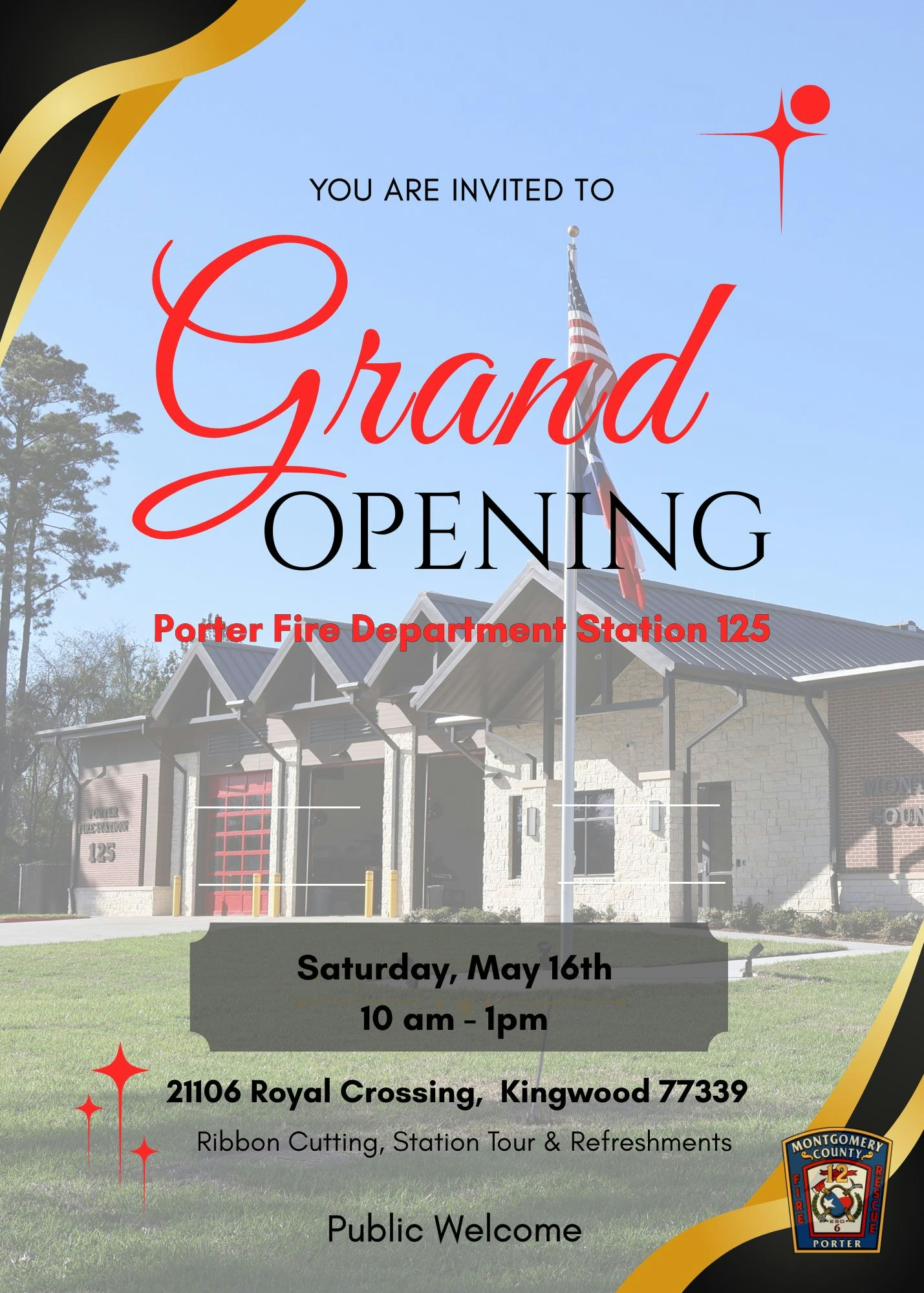 Invitation to the grand opening of Porter Fire Department Station 125 on May 16, 10 am - 1 pm, with tours and refreshments.