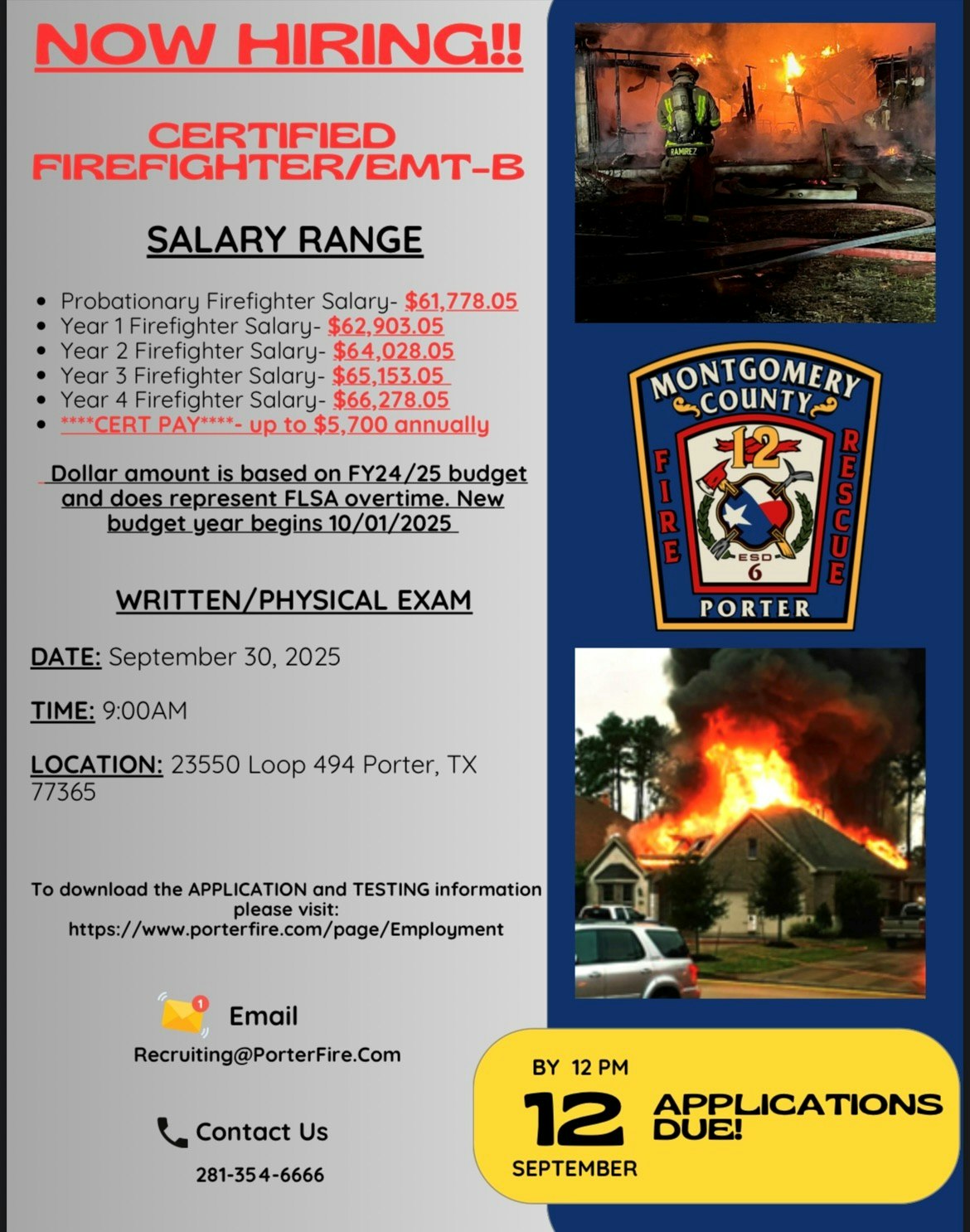 Hiring for Certified Firefighter/EMT-B in Porter, TX. Apply by Sept 12. Exam: Sept 30. Salaries: $61,778+. Info: porterfire.com/employment.