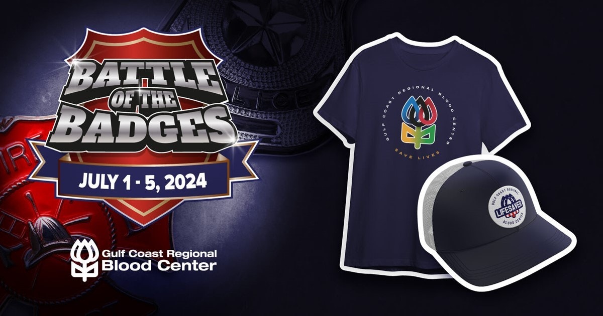 Promotional image for "Battle of the Badges" event with dates, a shirt, hat, and a badge-like logo for Gulf Coast Regional Blood Center.