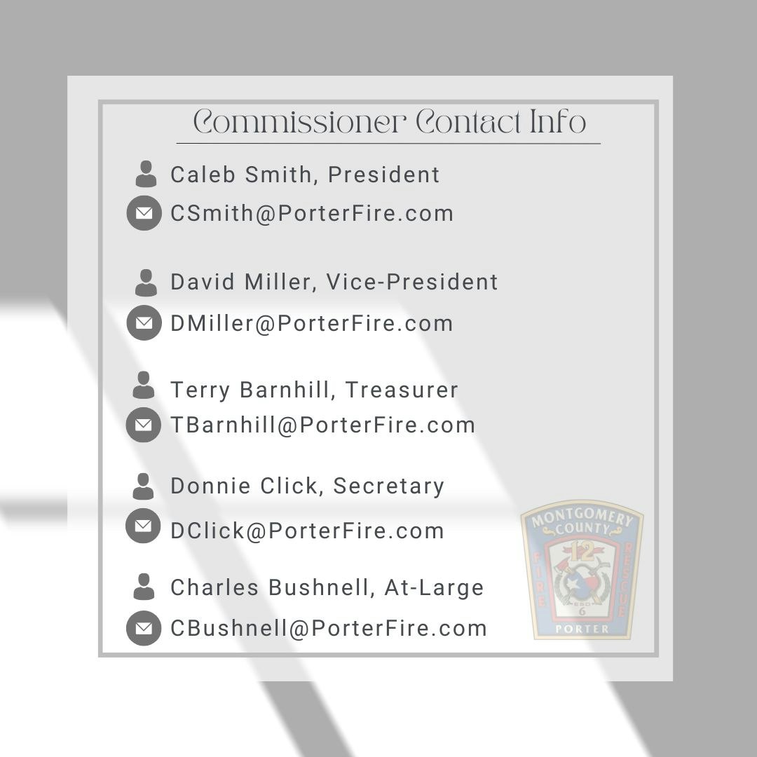 Contact info for Porter Fire commissioners: Caleb Smith, David Miller, Terry Barnhill, Donnie Click, Charles Bushnell with emails.