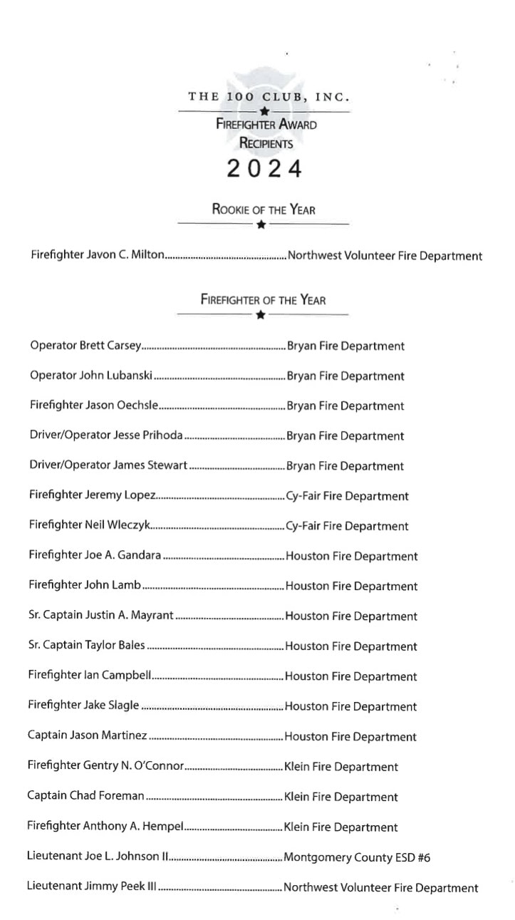 Award list for "The 100 Club" recognizing firefighter honorees in 2024, including Rookie and Firefighter of the Year.