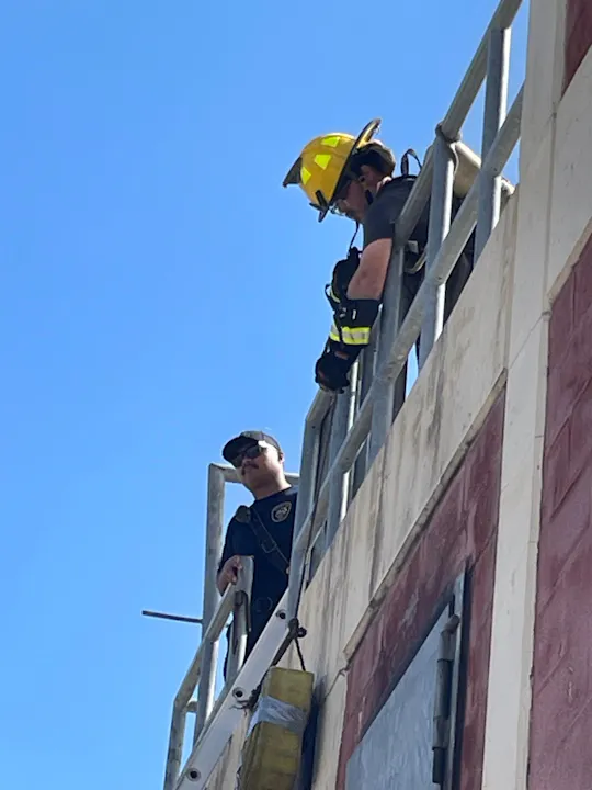 Two firefighters are on a ladder, one in a helmet preparing for a task while the other observes. Clear blue sky in the background.