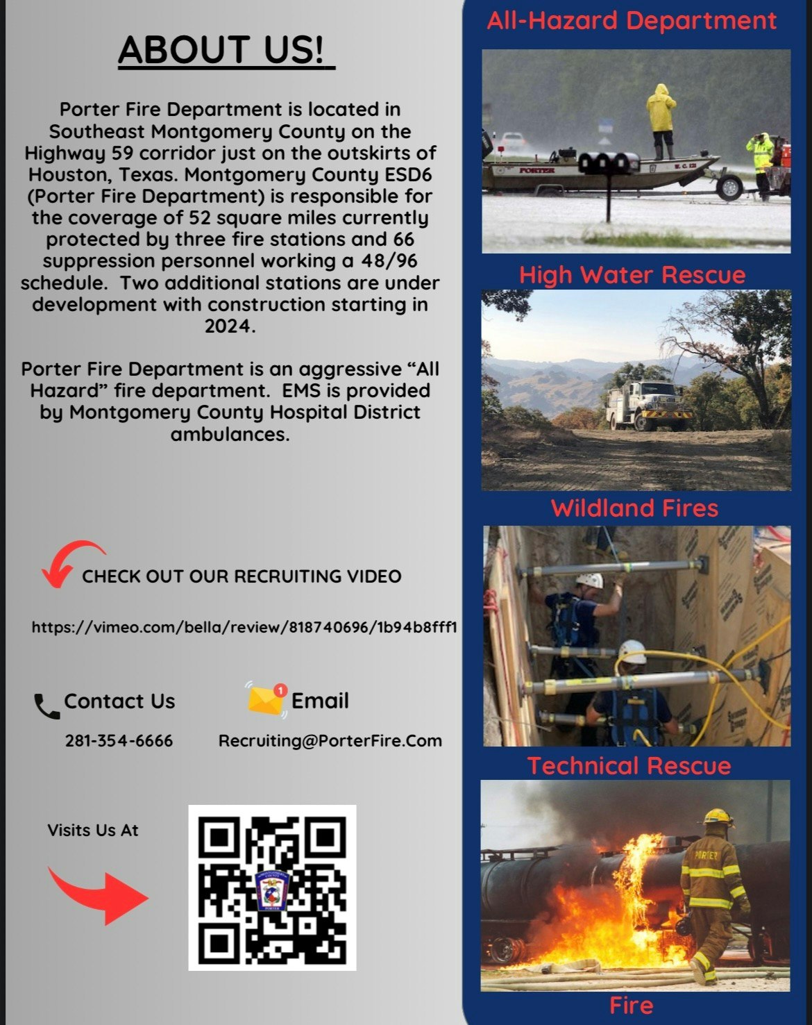 Porter Fire Department overview with service details, contact info, and images of emergency operations like rescues and firefighting.