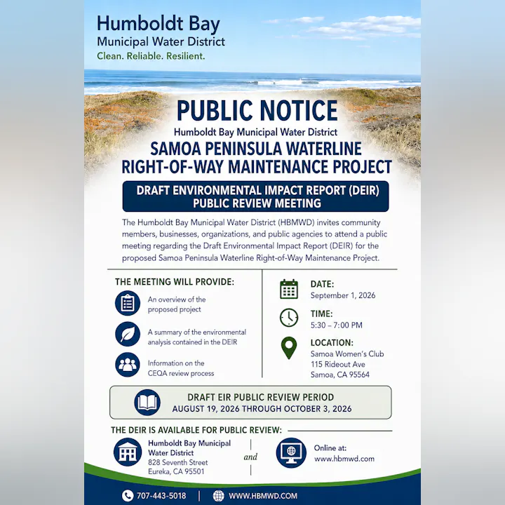 Public notice for the Samoa Peninsula Waterline project meeting on Sept 1, 2026, discussing the Draft Environmental Impact Report.