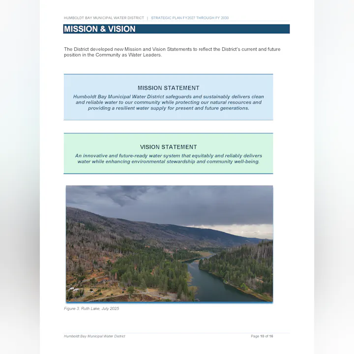The image outlines the mission and vision statements of the Humboldt Bay Municipal Water District, focused on sustainable water leadership.