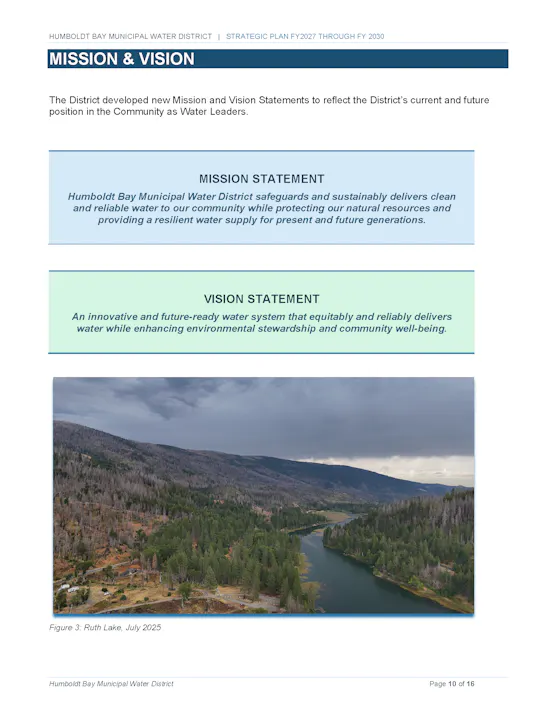 The image outlines the mission and vision statements of the Humboldt Bay Municipal Water District, focused on sustainable water leadership.
