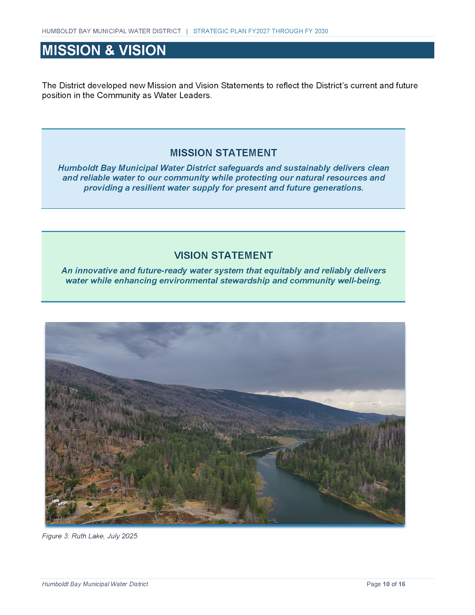The image outlines the mission and vision statements of the Humboldt Bay Municipal Water District, focused on sustainable water leadership.