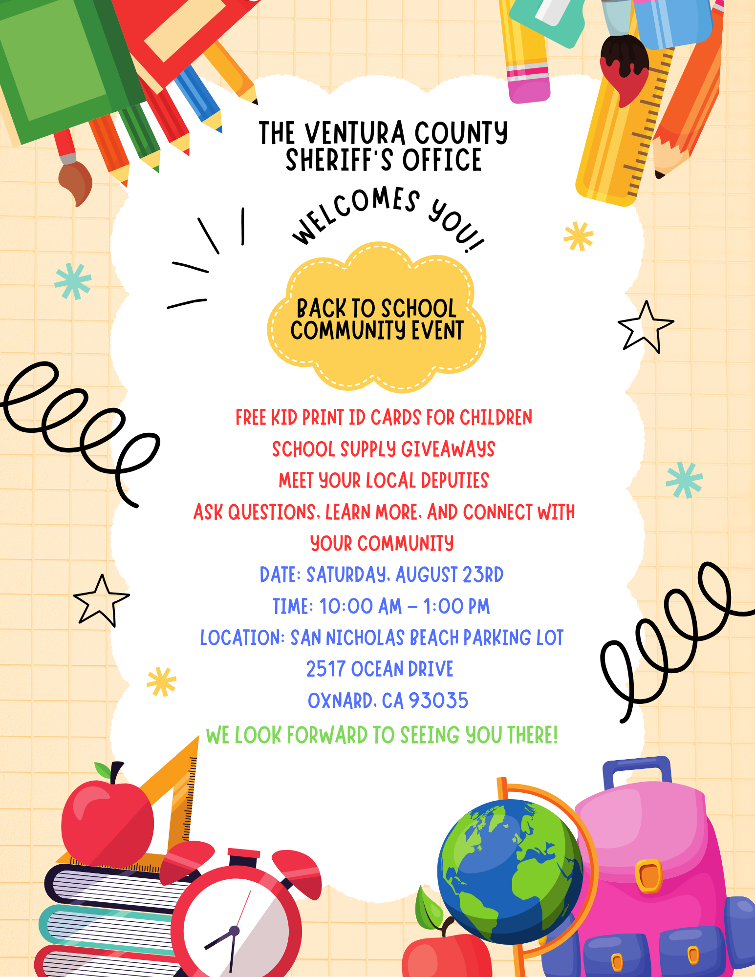 Ventura County Sheriff's Back to School event: ID cards, supplies, meet deputies. Aug 23, 10 AM–1 PM, San Nicholas Beach, Oxnard, CA.