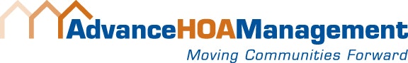 Logo of "AdvanceHOA Management" with the tagline "Moving Communities Forward", featuring graphic of stylized homes.