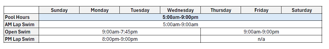 The image shows weekly pool hours for lap swim and open swim times, including specific hours for each day.