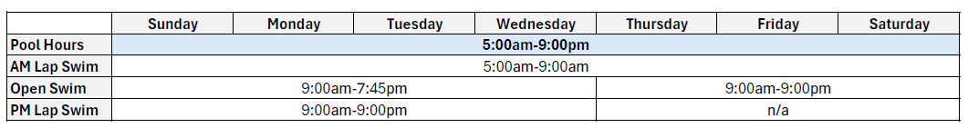 The image shows pool hours for lap swims and open swim sessions from Sunday to Saturday.