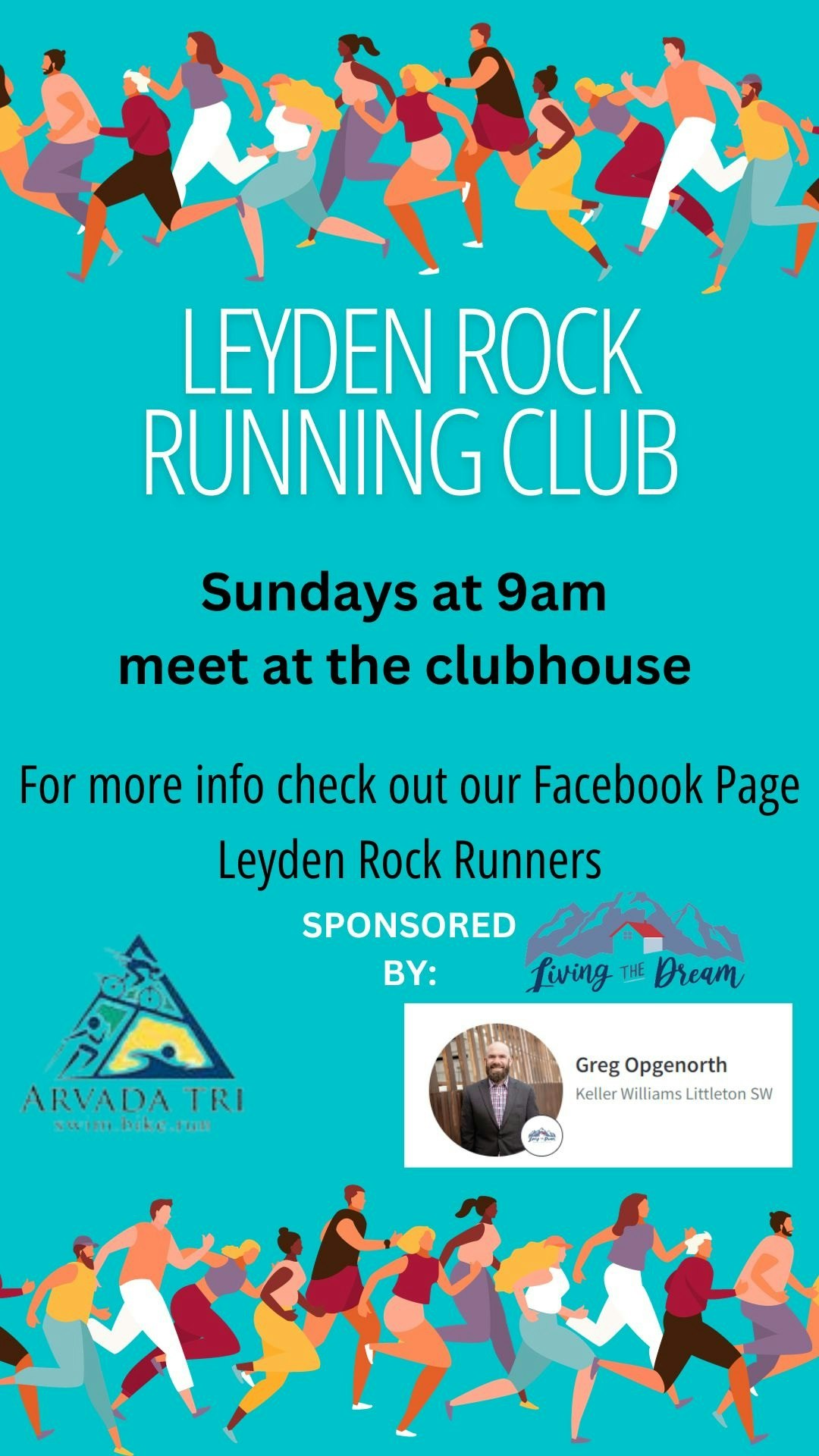 A promotional flyer for Leyden Rock Running Club showing information about meeting times with illustrations of runners and sponsor logos.