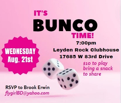 An invite for "Bunco Time" on Wednesday with details of venue, time, cost, and contact information, with an image of two dice.