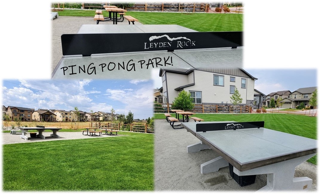 Collage of a park with outdoor ping pong tables, green grass, picnic benches, and houses in the background.