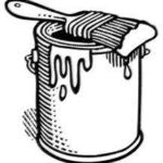 A paint can with a dripping brush resting on top, depicted in black and white line art.