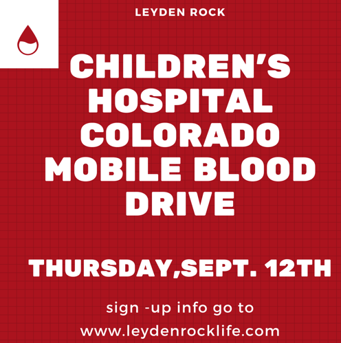A poster for a blood drive event at Children's Hospital Colorado on Thursday, September 12th, with sign-up details.