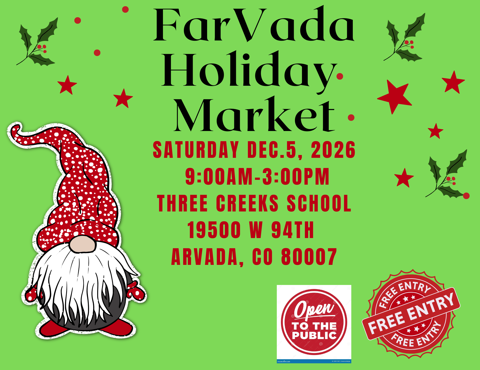 FarVada Holiday Market on Dec 5, 2026, from 9 AM to 3 PM at Three Creeks School, Arvada, CO. Free entry!