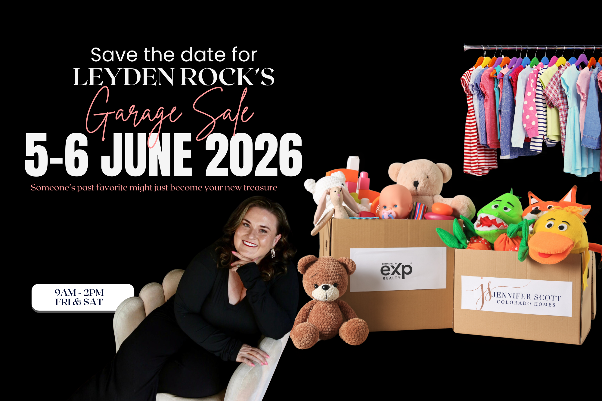 Leyden Rock's Garage Sale on June 5-6, 2026, from 9 AM to 2 PM. Find treasures among clothes and toys!