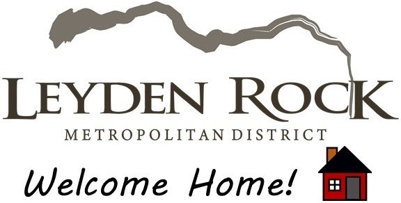 Logo for "Leyden Rock Metropolitan District" with a house illustration and the text "Welcome Home!"