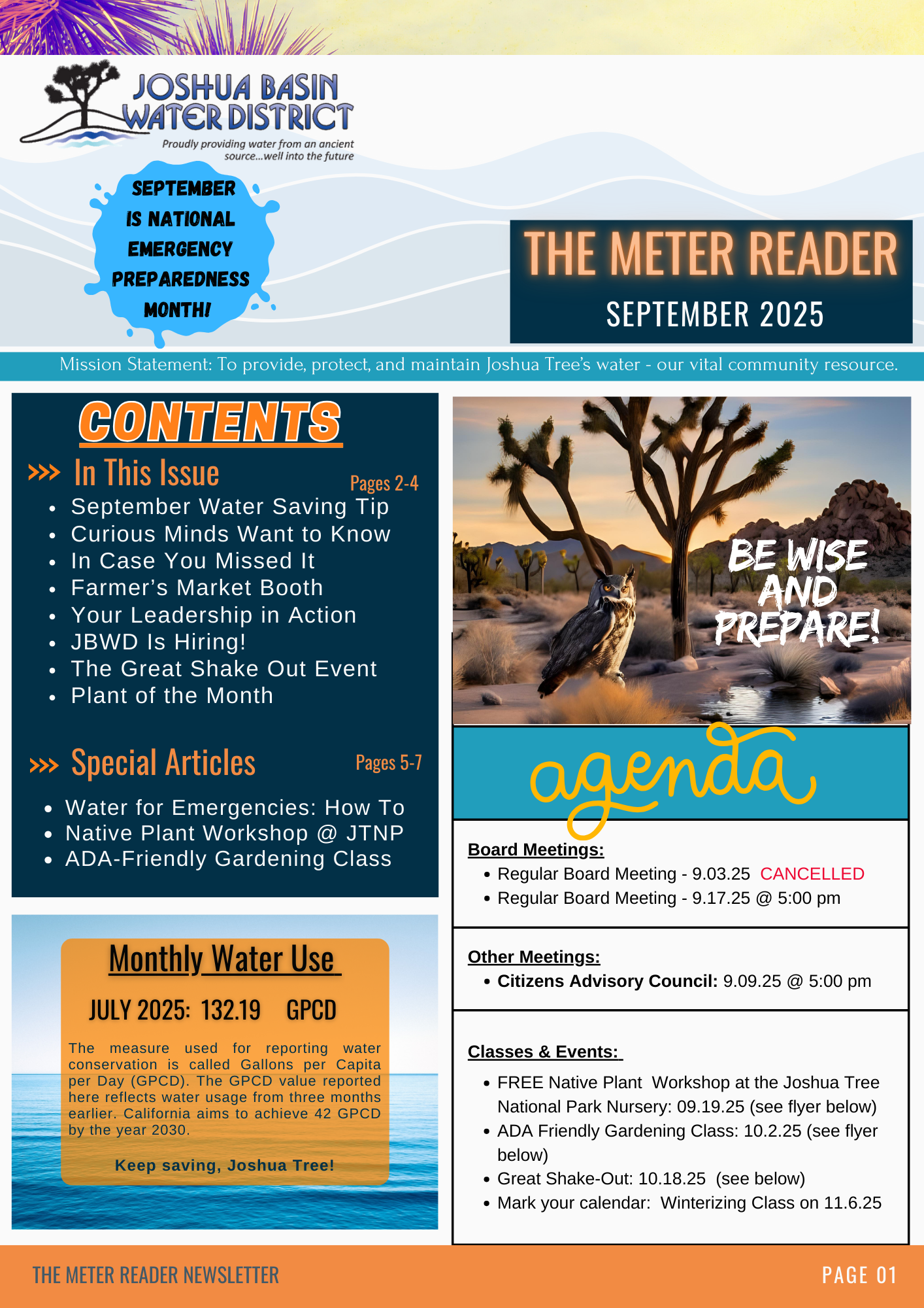 Newsletter for Joshua Basin Water District, September 2025; includes articles, meetings, classes, and water usage data.