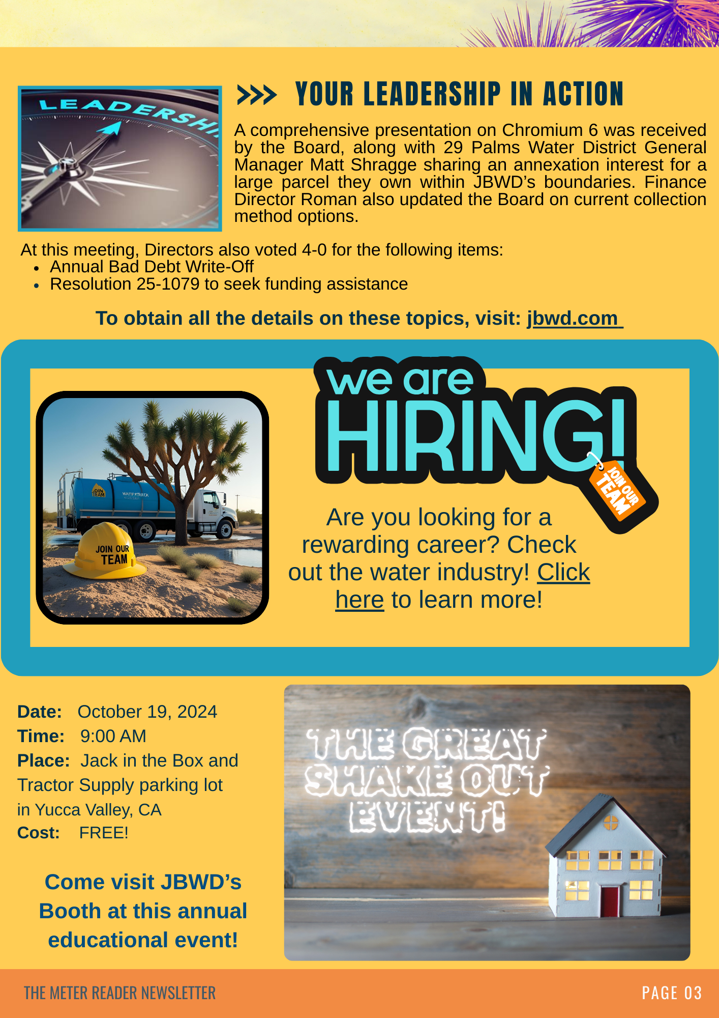 Leadership updates, hiring info, and an upcoming community event by JBWD on October 19, 2024. Visit jpwd.com for more details.