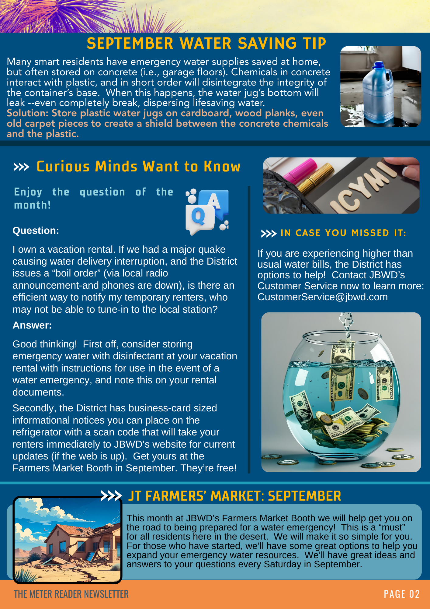 Newsletter page with tips on water storage, emergency notifications, and JTBWD Farmers' Market info for September.