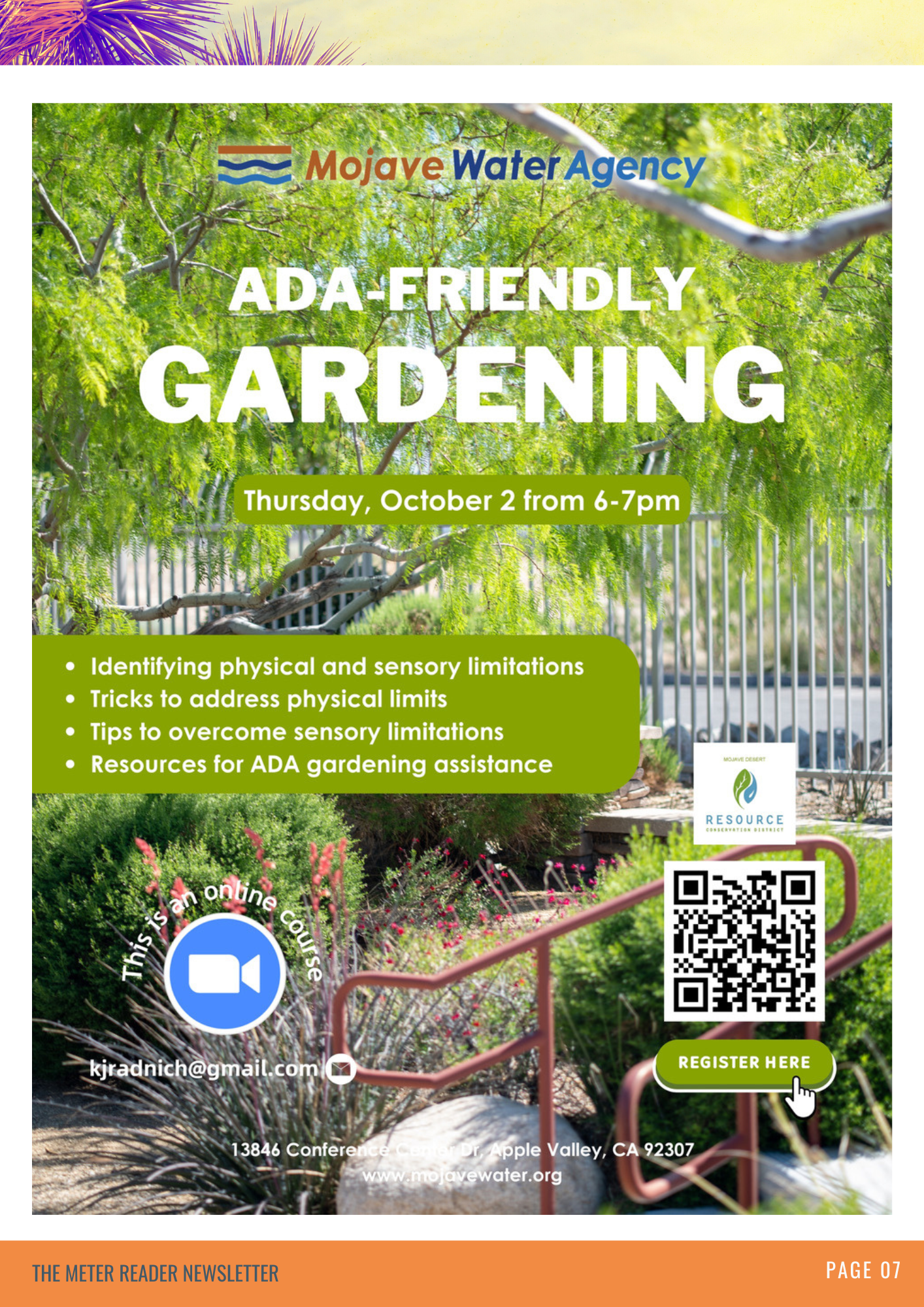 Flyer for an ADA-friendly gardening event on October 2, with tips and resources, hosted by Mojave Water Agency.